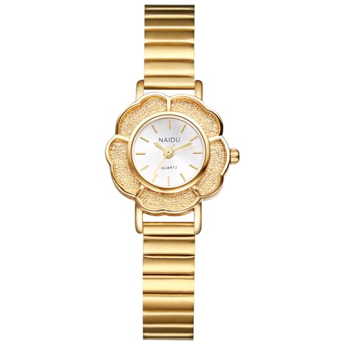 JewelryWe Damenuhr Gold Edelstahl Uhren: Modische Blume Design Analog Quarz Armbanduhr Damen Schmales Edelstahlarmband Kleine Lässige Uhr mit Blumenlünette & weißem Zifferblatt von JewelryWe