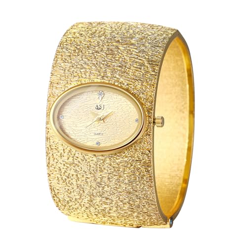 JewelryWe Damenuhr Gold Ovale Uhr: Damen Analog Quarz Armbanduhr Chunky Breit Offen Armreif Armspange Uhr Legierung Spangeuhr Geschenk für Frau Mädchen von JewelryWe