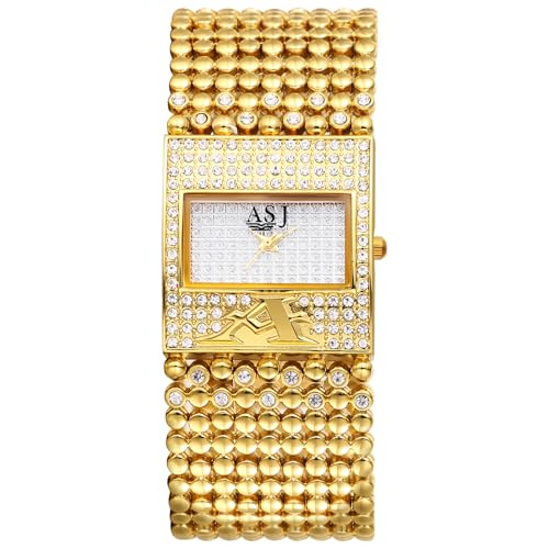 JewelryWe Damenuhr Gold Rechteckig Uhr: Glitzer Strass Analog Quarz Armbanduhr Damen Breit Metallarmband Perlenarmband Lässige Uhr Golduhr mit Eckigem Diamant Zifferblatt von JewelryWe