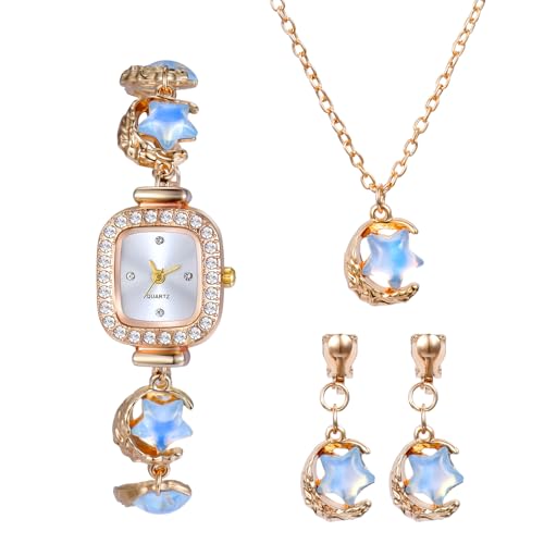 JewelryWe Damenuhr Halskette Ohrringe 4er Set: Gold Glitzer Strass Analog Quarz Armbanduhr Damen Quadratische Uhr Anhänger Kette Ohrstecker Schmuckset mit Mond und Blau Mondstein-Optik Sternen Design JewelryWe Damenuhr Halskette Ohrringe 4er Set: Gold Glitzer Strass Analog Quarz Armbanduhr Damen Quadratische Uhr Anhänger Kette Ohrstecker Schmuckset mit Mond und Blau Mondstein-Optik Sternen Design von JewelryWe
