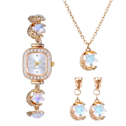 JewelryWe Damenuhr Halskette Ohrringe 4er Set: Gold Glitzer Strass Analog Quarz Armbanduhr Damen Quadratische Uhr Anhänger Kette Ohrstecker Schmuckset mit Mond und Weiß Mondstein-Optik Sternen Design von JewelryWe