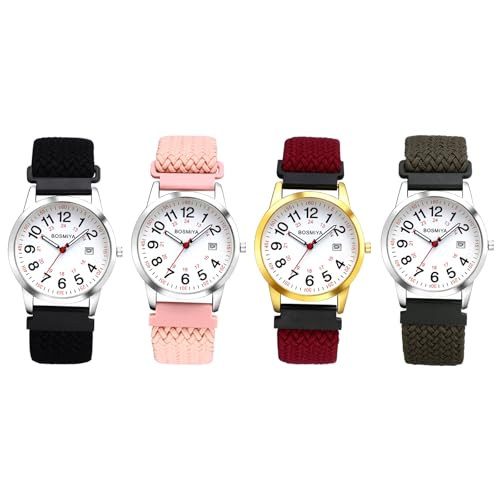 JewelryWe Damenuhr Herrenuhr Geflochten Elastisch: 4 Stück Kalender Analog Quarz Armbanduhr Damen Herren Gewebt Stretcharmband Senioren Uhr mit Stoffarmband & 12/24 Stunden Großen Zahlen Zifferblatt von JewelryWe