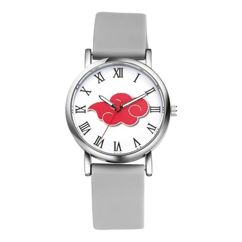 JewelryWe Damenuhr Kinderuhr Anime Uhr: Cartoon Naruto Rote Wolke Analog Quarz Armbanduhr Damen Kinder Grau Silikonarmband Ultradünne Uhr mit römischen Ziffern Geschenk für Anime-Fans von JewelryWe