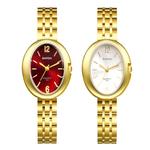 JewelryWe Damenuhr Klein Ovale Uhr: 2 Stück Elegant Klassische Analog Quarz Armbanduhr Damen Gold Schmales Edelstahlarmband Business Casual Uhr mit Sonnenschliff-Zifferblatt von JewelryWe