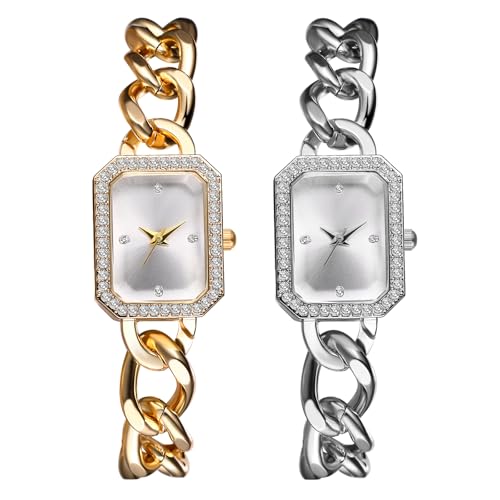 JewelryWe Damenuhr Klein Rechteckige Uhr: 2pcs Glitzer Strass Analog Quarz Armbanduhr Damen Edelstahl Kettenarmband Ultradünne Diamantuhr mit Eckigem Zifferblatt & Diamantlünette von JewelryWe