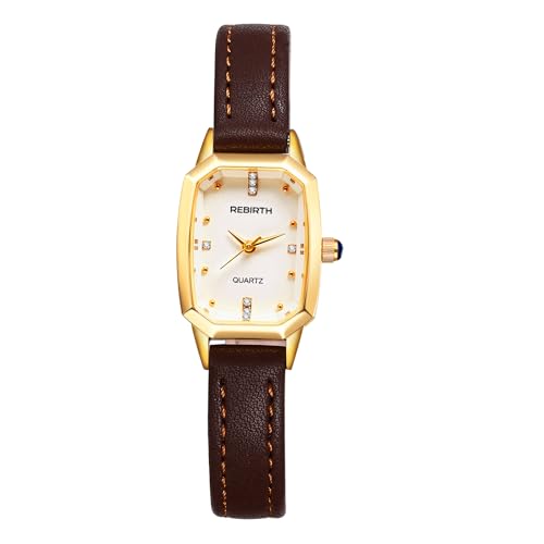 JewelryWe Damenuhr Klein Rechteckige Uhr: Minimalistisch Analog Quarz Armbanduhr Damen Braun Schmal Echtleder Lederarmband Ultradünn Lässige Uhr mit Eckigem Diamantskala Zifferblatt von JewelryWe