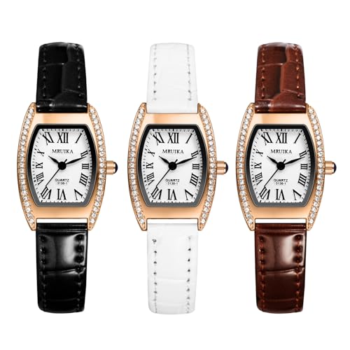JewelryWe Damenuhr Klein Tonneau Uhr: 3 Stück Glitzer Strass Analog Quarz Armbanduhr Damen Kroko-Prägung Lederarmband Diamant Uhr mit Rechteckigem Römische Ziffern Zifferblatt von JewelryWe