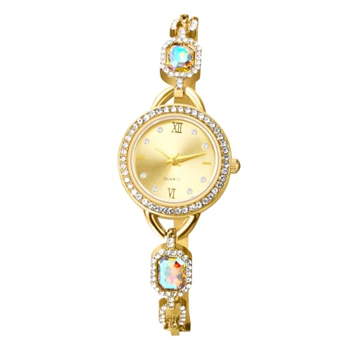 JewelryWe Damenuhr Kleine Diamant Uhren: Glitzer Strass Analog Quarz Armbanduhr Damen Gold Schmales Metallarmband Zierliche Verstellbare Armkette Uhr mit Rechteckigen Farbigen Kristallen von JewelryWe
