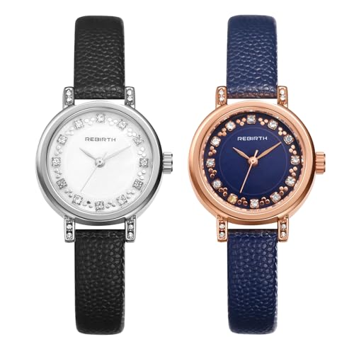 JewelryWe Damenuhr Kleine Echtleder Uhr: 2er Set 30m Wasserdicht Analog Quarz Armbanduhr Damen Schmales Echtes Lederarmband Ultradünne Uhr mit Diamantskala & Rundem Gehäuse von JewelryWe