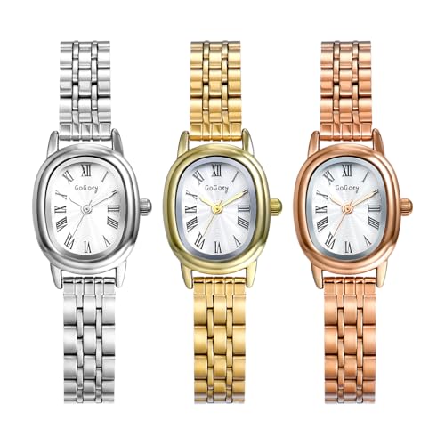 JewelryWe Damenuhr Kleine Ovale Uhr: 3 Stück Klassische Einfache Analog Quarz Armbanduhr Damen Schmales Edelstahlarmband Business Casual Uhr mit Römischen Ziffern Zifferblatt von JewelryWe
