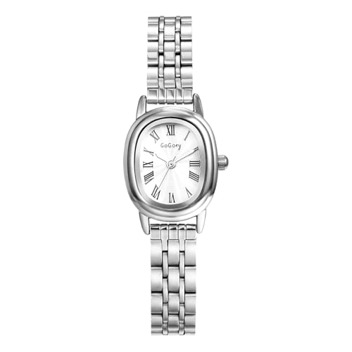 JewelryWe Damenuhr Kleine Ovale Uhr: Klassische Einfache Analog Quarz Armbanduhr Damen Silber Schmales Edelstahlarmband Business Casual Uhr mit Römischen Ziffern Zifferblatt von JewelryWe