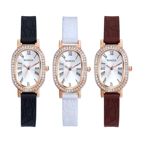 JewelryWe Damenuhr Kleine Ovale Uhren: 3 Stück Glitzer Strass Analog Quarz Armbanduhr Damen Krokodilmuster Silikonarmband Zierliche Uhr mit Römischen Ziffern und Rosegold Ovalem Gehäuse von JewelryWe