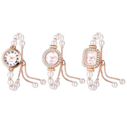JewelryWe Damenuhr Kleine Perlen Uhren: 3er Set Glitzer Zirkonia Perlenuhr Analog Quarz Armbanduhr Damen Verstellbar Schmal Perlenarmband Metallarmband Diamant Uhr mit Muschel-Zifferblatt Rosegold von JewelryWe