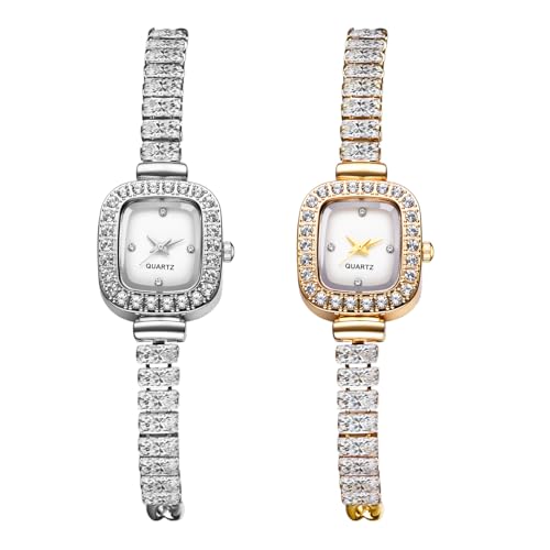JewelryWe Damenuhr Kleine Quadratische Uhr: 2 Stück Glitzer Strass Analog Quarz Armbanduhr Damen Luxuriöse Armkette Diamant Uhr mit Eckigem Perlmutt-Zifferblatt und Schmalem Verstellbar Metallarmband von JewelryWe