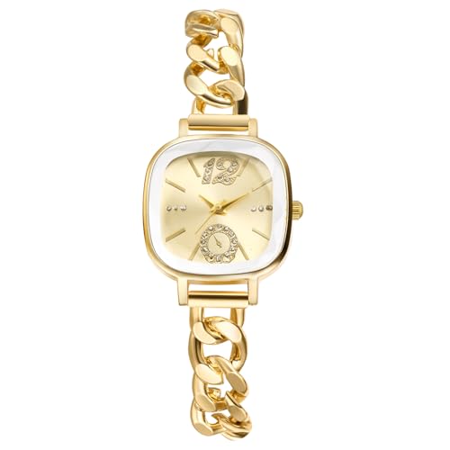 JewelryWe Damenuhr Kleine Quadratische Uhr: Glitzer Zirkonia Analog Quarz Armbanduhr Damen Gold Kubanisches Armband Uhr mit Schmalem Panzerkette Metallarmband & Eckigem Zifferblatt von JewelryWe