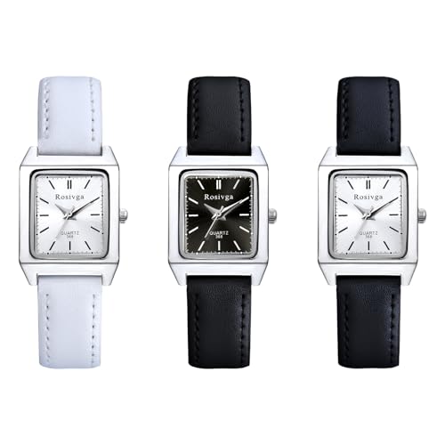 JewelryWe Damenuhr Kleine Rechteckige Uhr: 3 Stück Klassische Einfache Analog Quarz Armbanduhr Damen PU Lederarmband Business Casual Uhr mit Rechteck Sonnenschliff-Zifferblatt von JewelryWe