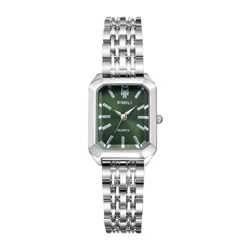 JewelryWe Damenuhr Kleine Rechteckige Uhr: Klassische Einfache Analog Quarz Armbanduhr Damen Silber Metallarmband Business Casual Uhr mit Grün Rechteck Zifferblatt von JewelryWe