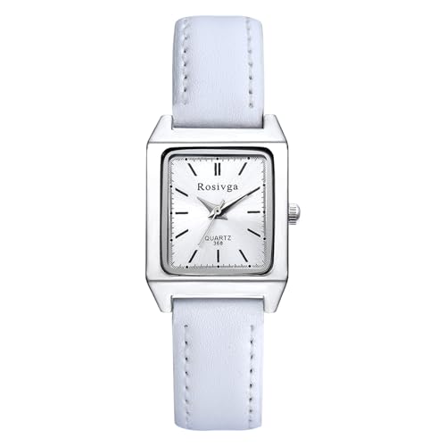 JewelryWe Damenuhr Kleine Rechteckige Uhr: Klassische Einfache Analog Quarz Armbanduhr Damen Weiß Lederarmband Business Casual Uhr mit Silber Rechteck Sonnenschliff-Zifferblatt von JewelryWe