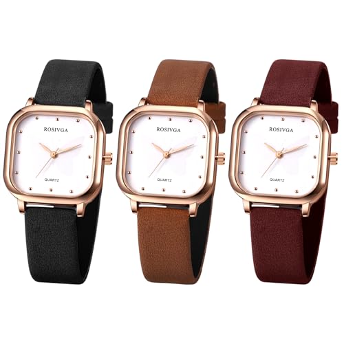 JewelryWe Damenuhr Leder Quadratische Uhr: 3pcs Preppy Schmetterling Analog Quarz Armbanduhr Damen Mädchen Weich PU Lederarmband Klein Ultradünne Uhr mit Rechteckigem Zifferblatt und Punktskala von JewelryWe