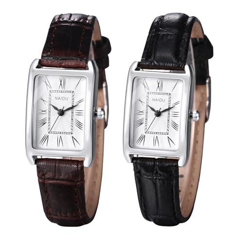 JewelryWe Damenuhr Leder Rechteckige Uhr: 2er Set Vintage Analog Quarz Armbanduhr Damen Schwarz/Braun PU Lederarmband Kleine Uhr mit Römischen Ziffern Zifferblatt & Silber Rechteck Gehäuse von JewelryWe