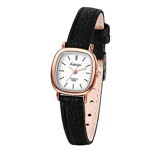 JewelryWe Damenuhr Leder Uhren Damen - Vintage Quadrat Analog Quarz Armbanduhr mit Schwarz Leder Armband und Rosegold Quadratischem Gehäuse Beiläufige Uhr für Frauen Mädchen von JewelryWe