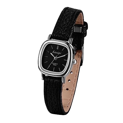 JewelryWe Damenuhr Leder Uhren Damen - Vintage Quadrat Analog Quarz Armbanduhr mit Schwarz Leder Armband und Silber Quadratischem Gehäuse Beiläufige Uhr für Frauen Mädchen von JewelryWe