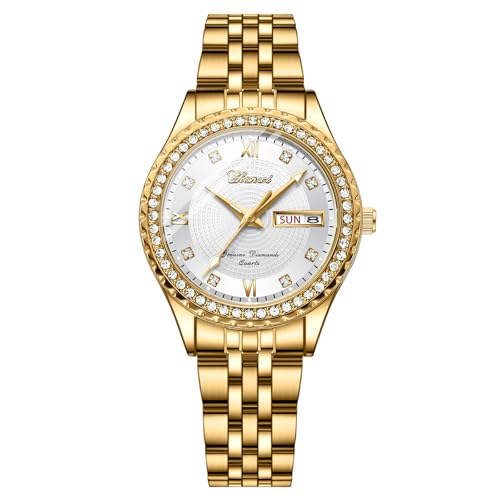 JewelryWe Damenuhr Leuchtende Diamant Uhren: Glitzer Strass 30m Wasserdicht Kalender Analog Quarz Armbanduhr Damen Gold Edelstahl Armband Uhr mit Weiß Römischen Ziffern Diamantskala Zifferblatt von JewelryWe