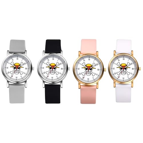 JewelryWe Damenuhr One Piece Uhren: 4er Set Anime Cartoon Totenkopf Schädel Analog Quarz Armbanduhr Unisex Silikonarmband Römische Ziffern Ultradünne Sport Lässige Uhr für Damen Herren Kinder von JewelryWe
