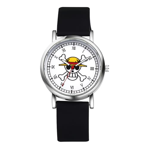 JewelryWe Damenuhr One Piece Uhren: Anime Cartoon Totenkopf Schädel Analog Quarz Armbanduhr Unisex Schwarz Silikonarmband Römische Ziffern Ultradünne Sport Lässige Uhr für Damen Herren Kinder von JewelryWe