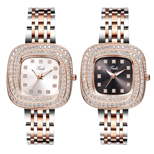 JewelryWe Damenuhr Quadratisch Diamant Uhr: 2 Stück Glitzer Strass Analog Quarz Armbanduhr Damen Zwei-Ton Edelstahlarmband Elegant Diamantuhr mit Eckigem Zifferblatt und Diamantskala von JewelryWe