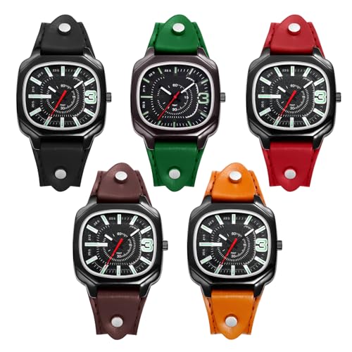 JewelryWe Damenuhr Quadratische Uhr mit Lederarmband: 5 Stück Vintage Analog Quarz Armbanduhr Damen Herren Echtleder Armband Halloween Punk Uhr mit Leuchtzeiger & Schwarz Großem Eckigen Zifferblatt von JewelryWe