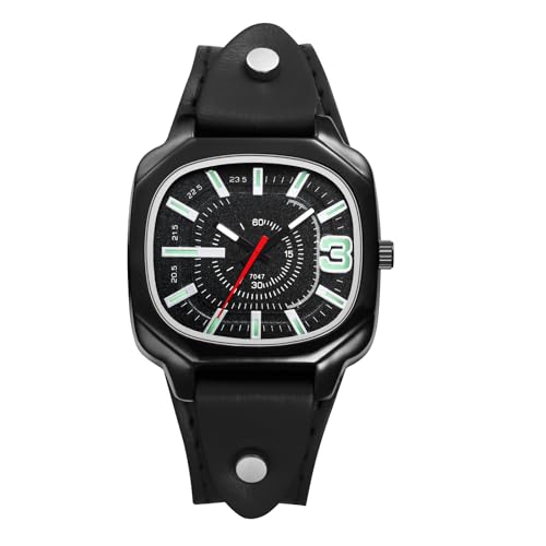 JewelryWe Damenuhr Quadratische Uhr mit Lederarmband: Vintage Analog Quarz Armbanduhr Damen Herren Schwarz Echtleder Armband Halloween Punk Uhr mit Leuchtzeiger & Großem Eckigen Zifferblatt von JewelryWe