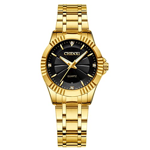 JewelryWe Damenuhr Quarz Analog Partner Armbanduhr Business Casual Edelstahl Armband Damen Uhr mit Beleuchtenden Zeiger und schwarzem Zifferblatt, Geschenk für Frauen Mädchen, Gold von JewelryWe