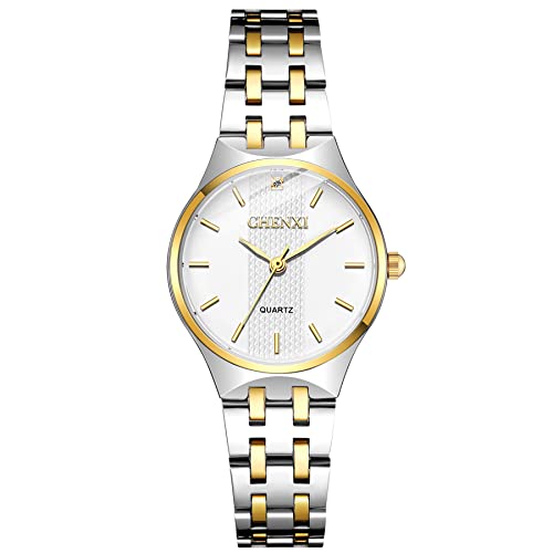 JewelryWe Damenuhr Quarz Analog Partner Freundschafts Armbanduhr Klassische Einfache Damen Uhr mit Gold Silber Edelstahl Armband und weißem Zifferblatt, Geschenk für Frauen Mädchen von JewelryWe
