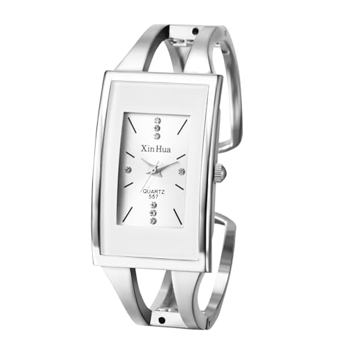 JewelryWe Damenuhr Rechteckig Armreif Uhr: Elegant Analog Quarz Armbanduhr Damen Silber Edelstahl Offen Armspange Armband Uhr Spangeuhr mit Weiß Rechteck Zifferblatt von JewelryWe