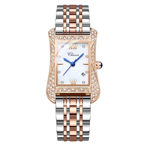 JewelryWe Damenuhr Rechteckige Glitzer Uhr: 30m Wasserdicht Kalender Analog Quarz Armbanduhr Damen Edelstahl Armband Ultradünne Diamant Uhr mit Römischen Ziffern Diamantskala Rosegold/Silber von JewelryWe