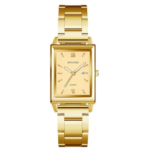 JewelryWe Damenuhr Rechteckige Uhr Damen: Klassische Datum Kalender Analog Quarz Armbanduhr Frauen Gold Metallarmband Geschäft Lässige Uhr mit Römischen Ziffern Eckigem Zifferblatt von JewelryWe