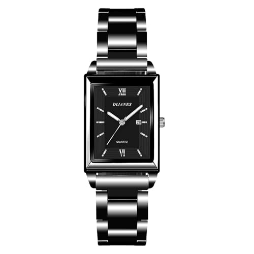 JewelryWe Damenuhr Rechteckige Uhr Damen: Klassische Datum Kalender Analog Quarz Armbanduhr Frauen Schwarz Metallarmband Geschäft Lässige Uhr mit Römischen Ziffern Eckigem Zifferblatt von JewelryWe