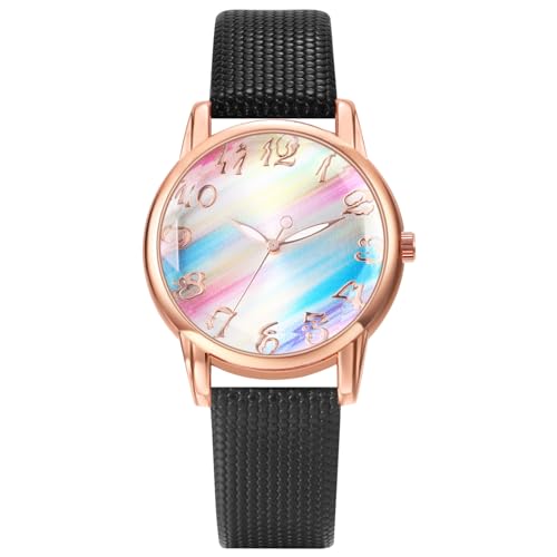 JewelryWe Damenuhr Regenbogen Leder Uhr: Schwarz Damen Preppy Boho Analog Quarz Armbanduhr Frauen Lässige Uhr mit PU Lackleder Armband und farbigem Regenbogen Zifferblatt von JewelryWe