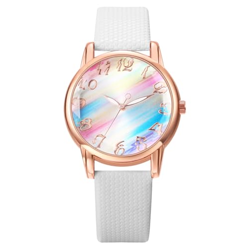 JewelryWe Damenuhr Regenbogen Leder Uhr: Weiß Damen Preppy Boho Analog Quarz Armbanduhr Frauen Lässige Uhr mit PU Lackleder Armband und farbigem Regenbogen Zifferblatt von JewelryWe