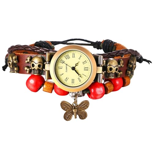 JewelryWe Damenuhr Retro Leder Uhr: Totenkopf Schädel Schmetterling Analog Quarz Armbanduhr Damen geschichtet Perlen Leder Geflochten Armband verstellbar Armreif Uhr mit römischen Ziffern Zifferblatt von JewelryWe