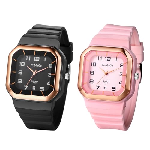 JewelryWe Damenuhr Silikon Quadratische Uhren: 3er Set Kalender Analog Quarz Armbanduhr Damen Herren Silikonarmband Sport Lässige Uhr mit Rechteckigem Gehäuse und großen arabischen Zahlen von JewelryWe