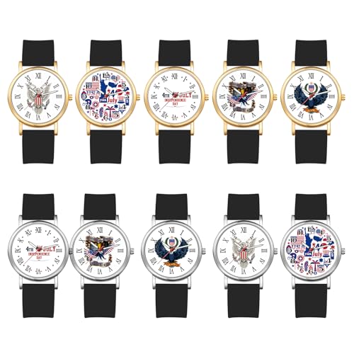 JewelryWe Damenuhr Silikon Uhr Damen: 10 Stück US Unabhängigkeitstag Analog Quarz Armbanduhr Frauen Schwarz Gummi Armband ultradünne Lässige Uhr mit römischen Ziffern Zifferblatt von JewelryWe