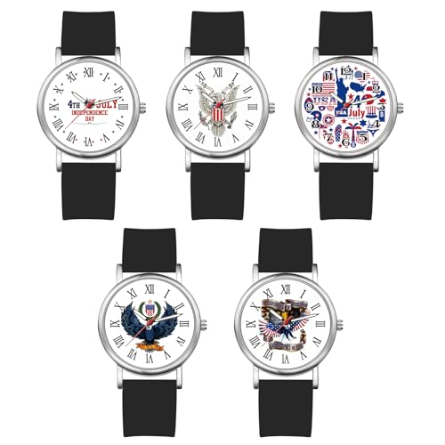 JewelryWe Damenuhr Silikon Uhr Damen: 5pcs US Unabhängigkeitstag Analog Quarz Armbanduhr Frauen Schwarz Gummi Armband ultradünne Lässige Uhr mit römischen Ziffern Zifferblatt und Silber Gehäuse JewelryWe Damenuhr Silikon Uhr Damen: 5pcs US Unabhängigkeitstag Analog Quarz Armbanduhr Frauen Schwarz Gummi Armband ultradünne Lässige Uhr mit römischen Ziffern Zifferblatt und Silber Gehäuse von JewelryWe