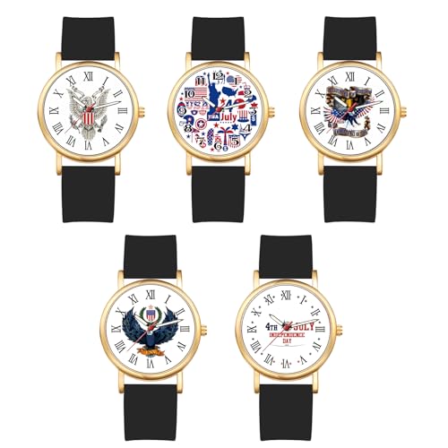 JewelryWe Damenuhr Silikon Uhr Damen: 5pcs US Unabhängigkeitstag Analog Quarz Armbanduhr Frauen Schwarz Gummi Armband ultradünne Uhr mit römischen Ziffern Zifferblatt und Gold Gehäuse JewelryWe Damenuhr Silikon Uhr Damen: 5pcs US Unabhängigkeitstag Analog Quarz Armbanduhr Frauen Schwarz Gummi Armband ultradünne Uhr mit römischen Ziffern Zifferblatt und Gold Gehäuse von JewelryWe