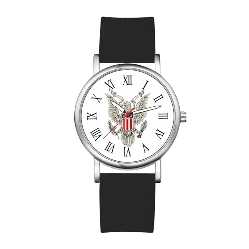 JewelryWe Damenuhr Silikon Uhr Damen: US Unabhängigkeitstag Adler Amerikanische Flagge Wappen Analog Quarz Armbanduhr Schwarz Gummi Armband Uhr mit römischen Ziffern Zifferblatt & Silber Gehäuse von JewelryWe
