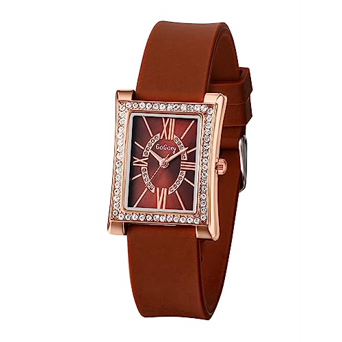 JewelryWe Damenuhr Silikon Uhren Damen - Braun Quadrat Strass Analog Quarz Armbanduhr mit Silikon Gummi Armband und Rechteckigem Gehäuse Beiläufige Uhr für Frauen Mädchen von JewelryWe