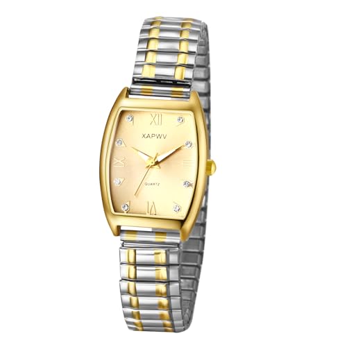 JewelryWe Damenuhr Tonneau Elastische Uhr: Exquisite Analog Quarz Armbanduhr Damen Gold Silber Edelstahl Stretch Armband Rechteckige Uhren mit Zugarmband & Römischen Ziffern Diamantskala von JewelryWe