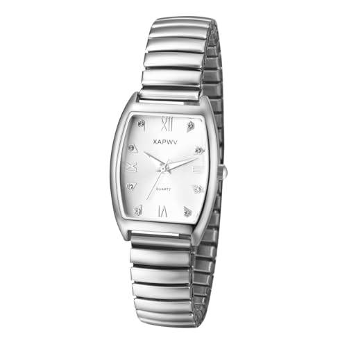 JewelryWe Damenuhr Tonneau Elastische Uhr: Exquisite Analog Quarz Armbanduhr Damen Silber Edelstahl Stretch Armband Rechteckige Uhren mit Zugarmband & Römischen Ziffern Diamantskala von JewelryWe