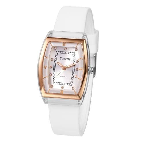 JewelryWe Damenuhr Tonneau Silikon Uhren: Einzigartige Analog Quarz Armbanduhr Damen Weiß Silikonarmband Freizeit Sport Uhr mit Rechteckigem Gehäuse und Diamantskala von JewelryWe